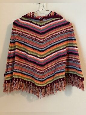 Kids Multicolor Lightweight Striped Boho Fringe Poncho Knit Sweater
